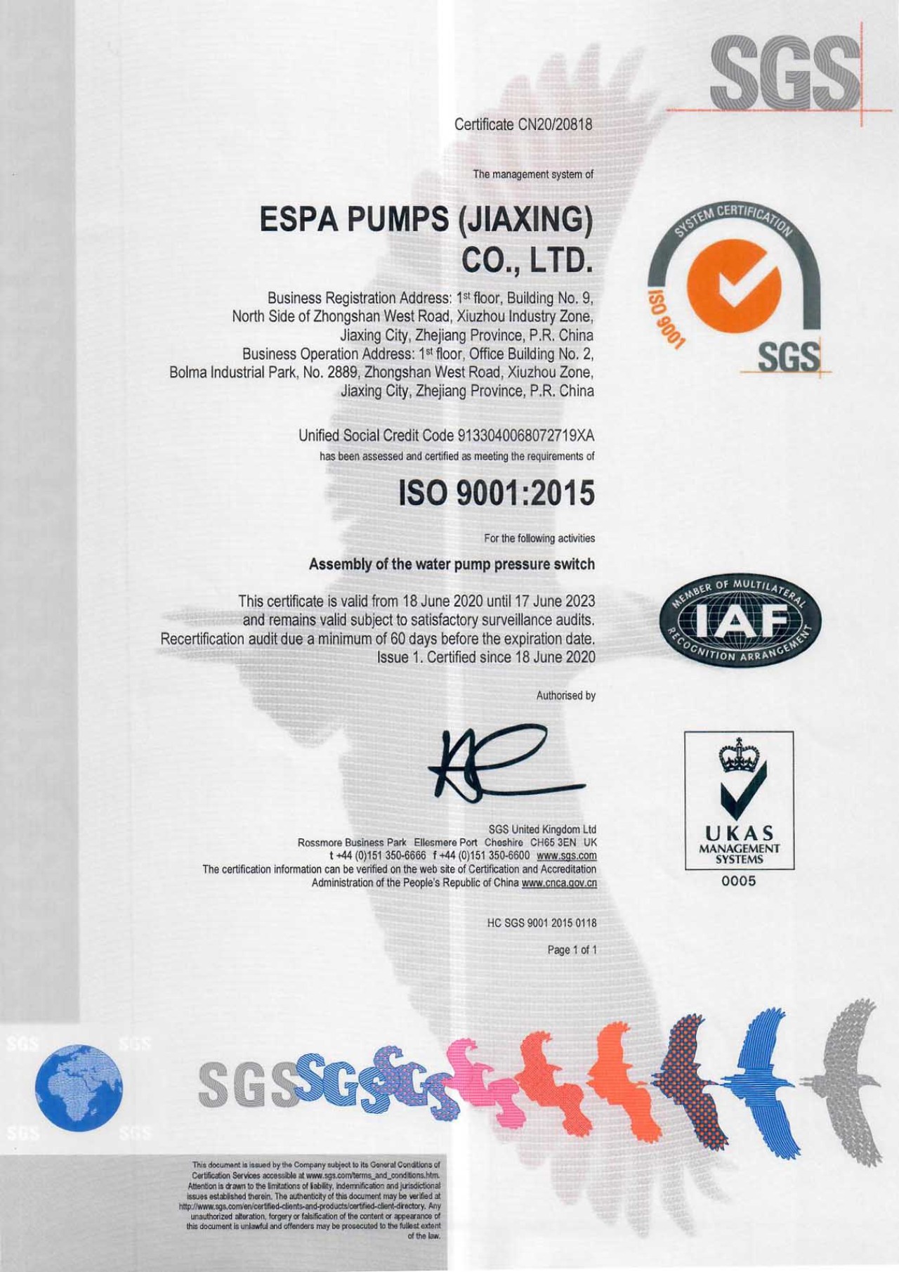 Certificate ISO 9001 ESPA Jiaxing